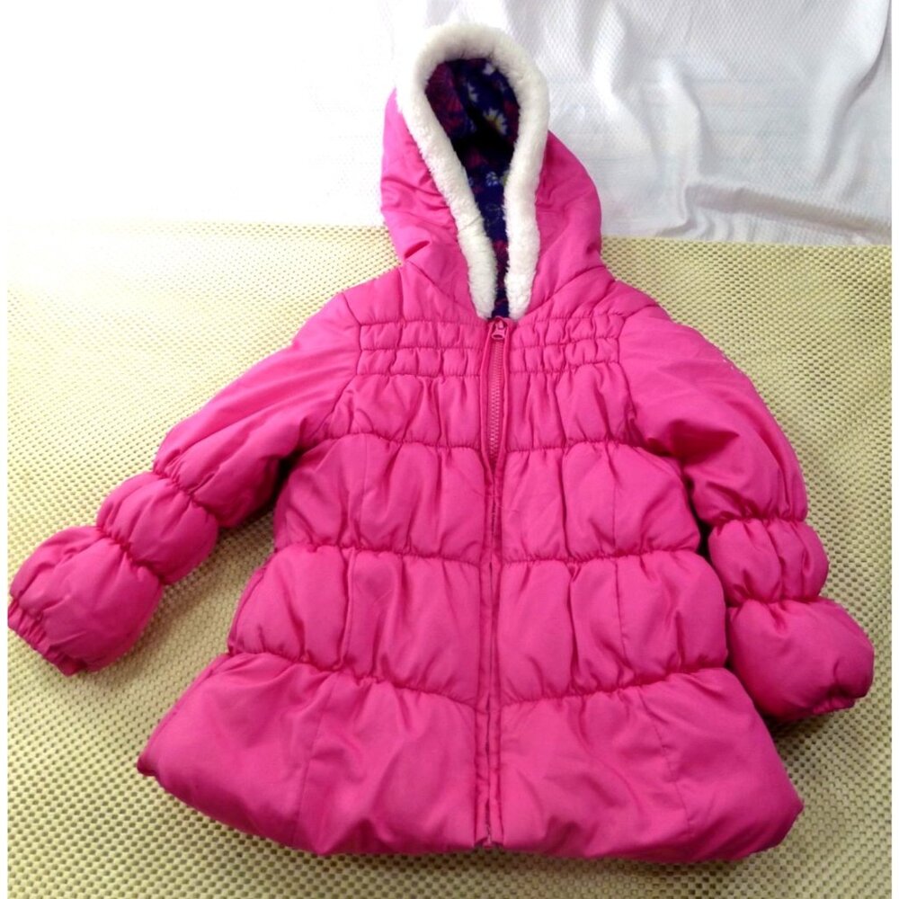 London Fog Girls‎ Pink Puffer Coat W/ Hood & Floral Fleece Interior Size M 5-6